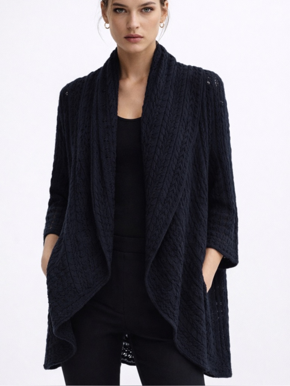 Autumn Cashmere Cotton Italian Yarn Open Knit Cardigan in Black